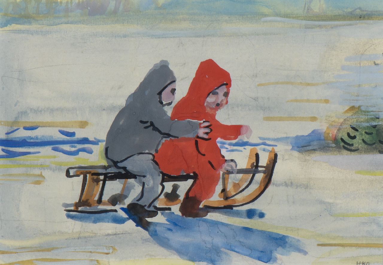 Kamerlingh Onnes H.H. | 'Harm' Henrick Kamerlingh Onnes | Aquarellen en tekeningen te koop aangeboden | Twee kinderen op een slee, aquarel en gouache op papier 14,0 x 20,0 cm, gesigneerd rechtsonder Kamerlingh Onnes H.H. | 'Harm' Henrick Kamerlingh Onnes | Aquarellen en tekeningen te koop aangeboden | Twee kinderen op een slee, aquarel en gouache op papier 14,0 x 20,0 cm, gesigneerd rechtsonder