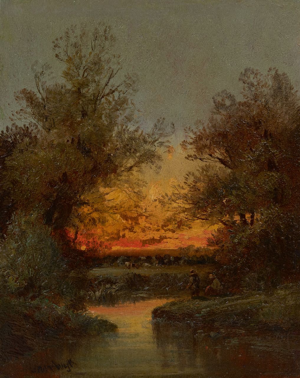 Wijk H. van | Henri van Wijk | Schilderijen te koop aangeboden | Vissers bij zonsondergang, olieverf op paneel 24,2 x 19,0 cm, gesigneerd linksonder en zonder lijst