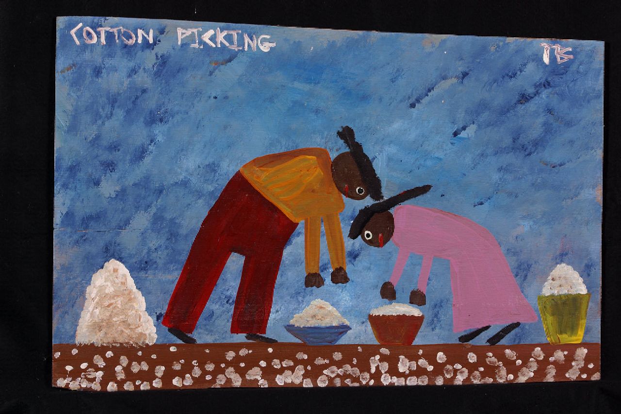 Brown T.  | Timothy 'Tim' Brown, Cotton picking, acryl op paneel 37,0 x 55,0 cm, gesigneerd rechtsboven met initialen