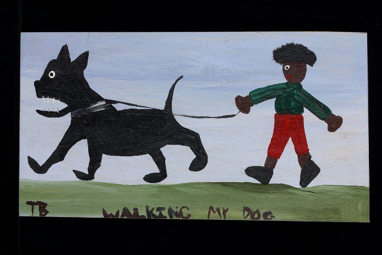 Brown T.  | Timothy 'Tim' Brown, Walking my dog, acryl op paneel 33,0 x 62,0 cm, gesigneerd linksonder met initialen