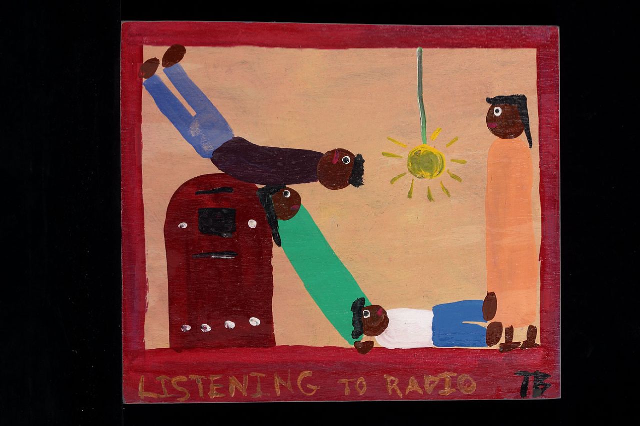 Brown T.  | Timothy 'Tim' Brown, Listening to radio, acryl op paneel 35,0 x 40,0 cm, gesigneerd rechtsonder met initialen