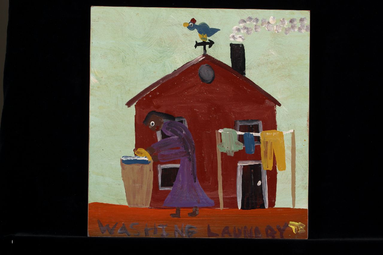 Brown T.  | Timothy 'Tim' Brown, Washing laundry, acryl op paneel 40,0 x 39,0 cm, gesigneerd rechtsonder met initialen