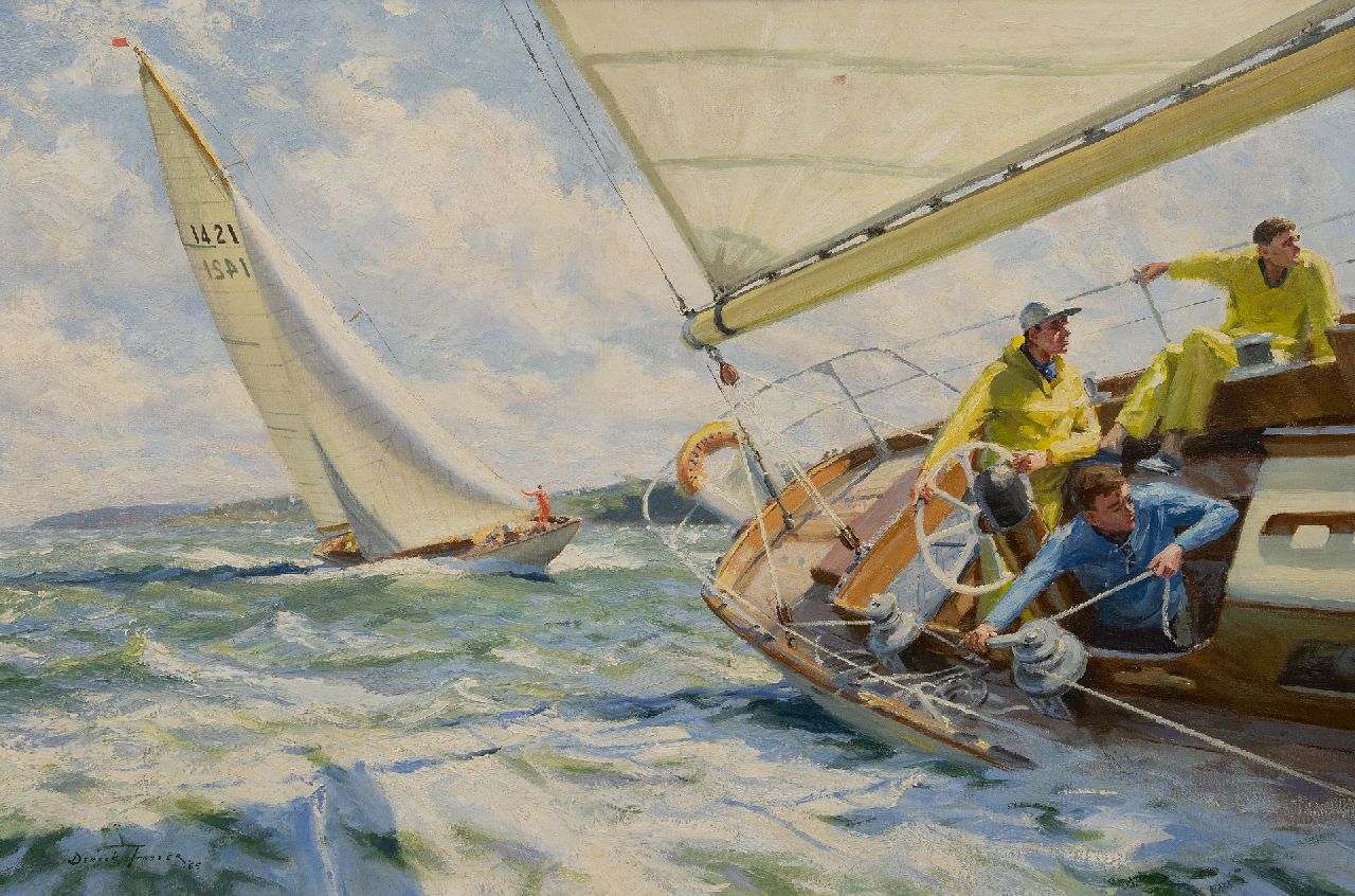 Foster D.  | Deryck Foster | Schilderijen te koop aangeboden | Op koers richting de haven, olieverf op doek op schildersboard 60,8 x 90,8 cm, gesigneerd linksonder en gedateerd '65