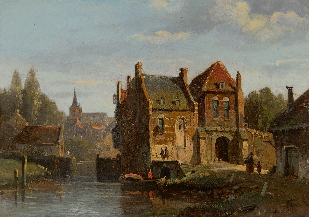 Eversen A.  | Adrianus Eversen | Schilderijen te koop aangeboden | Zonnig stadsgezicht met stadspoortje, olieverf op paneel 13,1 x 18,0 cm, gesigneerd rechtsonder met monogram