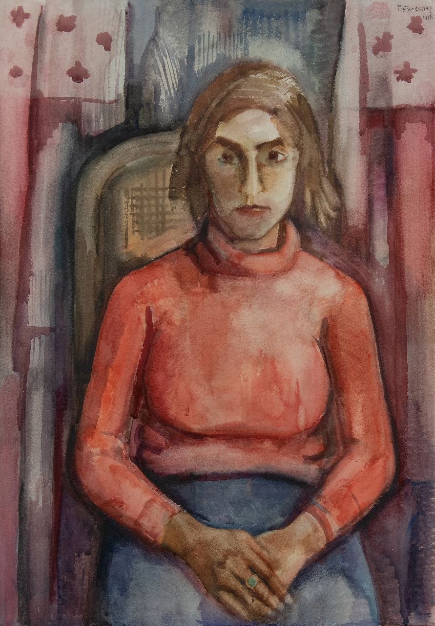 Piet Wiegman | Sitzende Frau im roten Pullover, Aquarell auf Papier, 100,0 x 68,8 cm, Unterzeichnet o.r. und datiert 1936