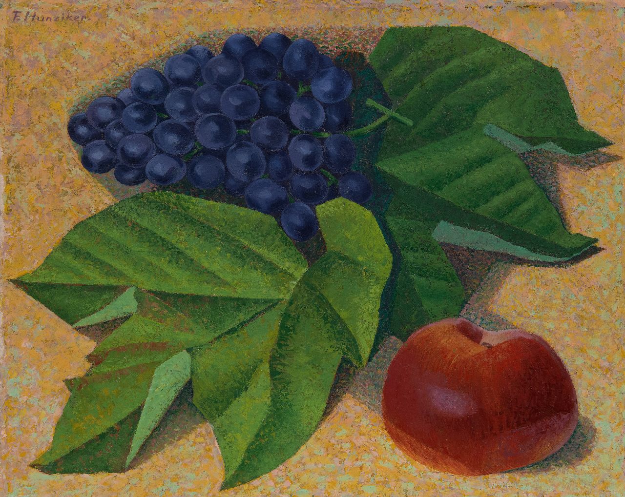 Hunziker F.  | Frieda Hunziker, Stillleben mit Trauben und Apfel, Öl auf Leinwand 40,4 x 50,4 cm, Unterzeichnet o.l. und zu datieren um 1941