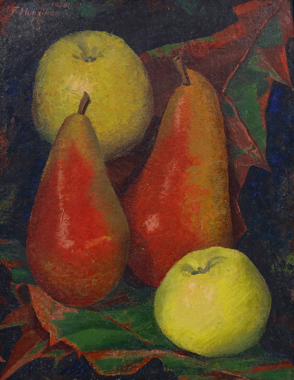 Hunziker F.  | Frieda Hunziker, Stilleven met appels en peren, olieverf op board 36,0 x 28,0 cm, gesigneerd linksboven en gedateerd 10/41