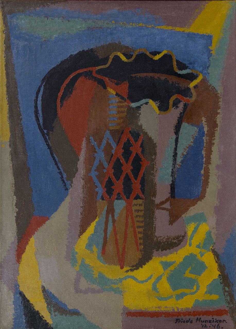 Hunziker F.  | Frieda Hunziker, Stilleven met vaas en fles, olieverf op doek 69,8 x 49,7 cm, gesigneerd rechtsonder en gedateerd '12-'46.