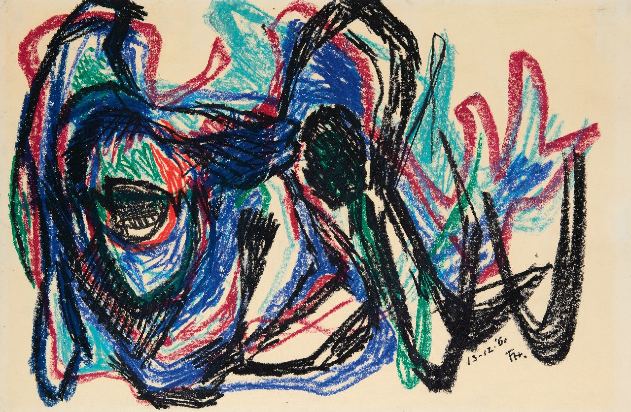 Hunziker F.  | Frieda Hunziker | Aquarellen en tekeningen te koop aangeboden | Het monster, waskrijt op papier 50,2 x 73,0 cm, gesigneerd rechtsonder met monogram en gedateerd 13-12-'61, zonder lijst