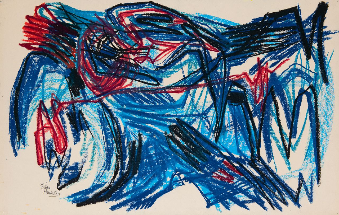 Hunziker F.  | Frieda Hunziker, Het monster, waskrijt op papier 50,2 x 78,3 cm, gesigneerd linksonder en te dateren 1961