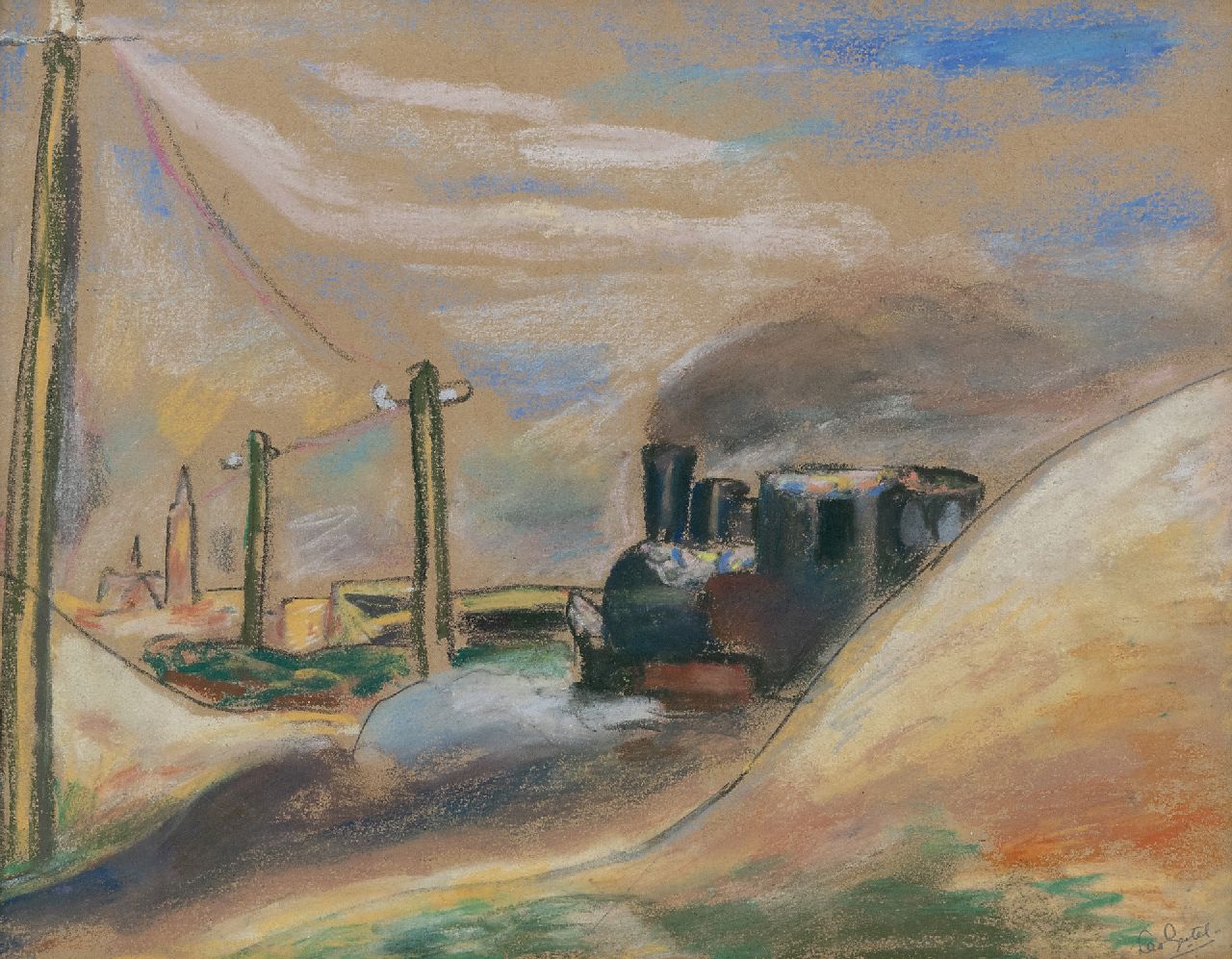 Gestel L.  | Leendert 'Leo' Gestel | Aquarellen en tekeningen te koop aangeboden | Amsterdam West, zandtrein op het Ringspoor, de machinist is jarig, pastel op papier 25,9 x 32,8 cm, gesigneerd rechtsonder en gedateerd 1934