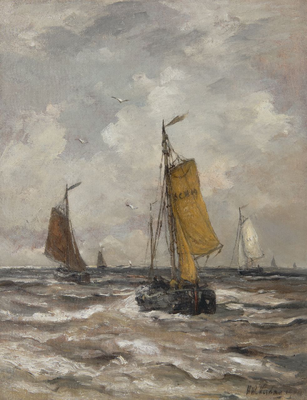 Mesdag H.W.  | Hendrik Willem Mesdag, Terugkerende bomschuiten, olieverf op doek 50,7 x 40,0 cm, gesigneerd rechtsonder en gedateerd 190(..)