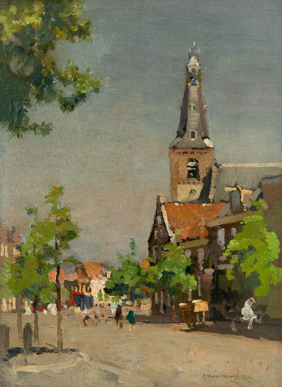 Vreedenburgh C.  | Cornelis Vreedenburgh, Gezicht op Weesp met de toren van de Laurenskerk, olieverf op paneel 28,5 x 21,3 cm, gesigneerd rechtsonder en gedateerd 1934