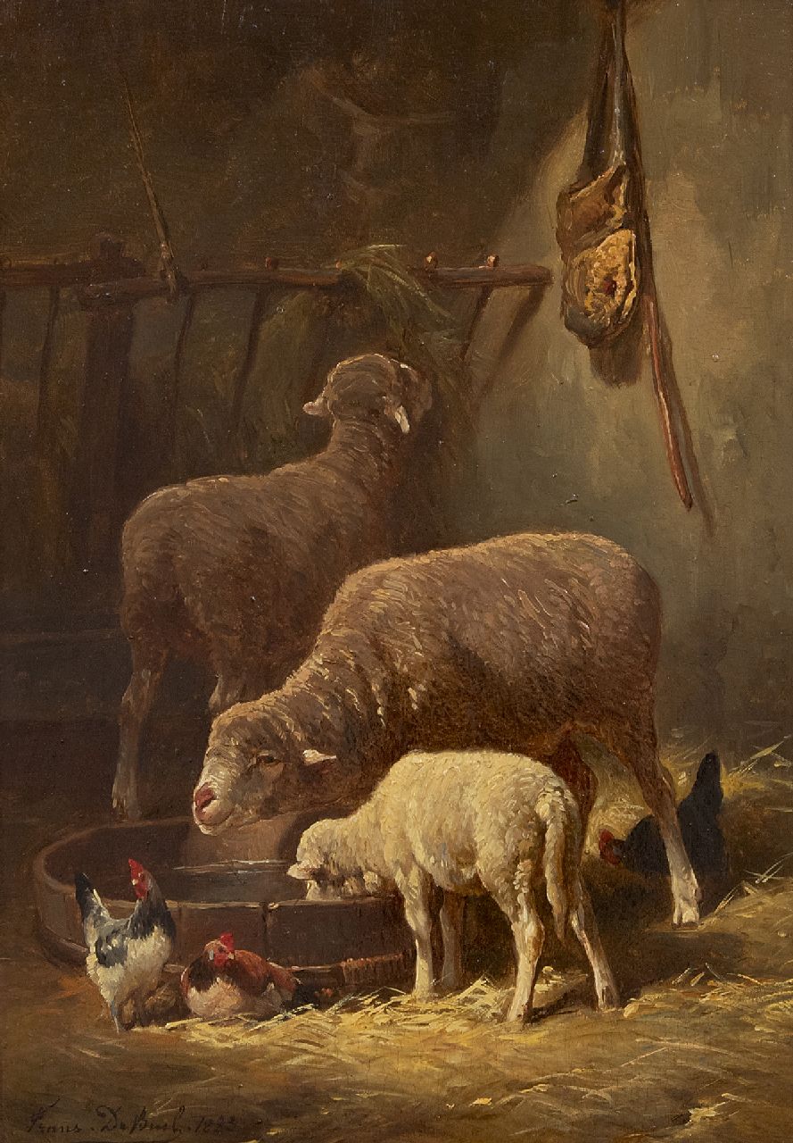 Beul F. de | Frans de Beul, Schapen in de stal (alleen tezamen), olieverf op paneel 34,3 x 23,2 cm, gesigneerd linksonder en gedateerd 1883 Beul F. de | Frans de Beul, Schapen in de stal (alleen tezamen), olieverf op paneel 34,3 x 23,2 cm, gesigneerd linksonder en gedateerd 1883