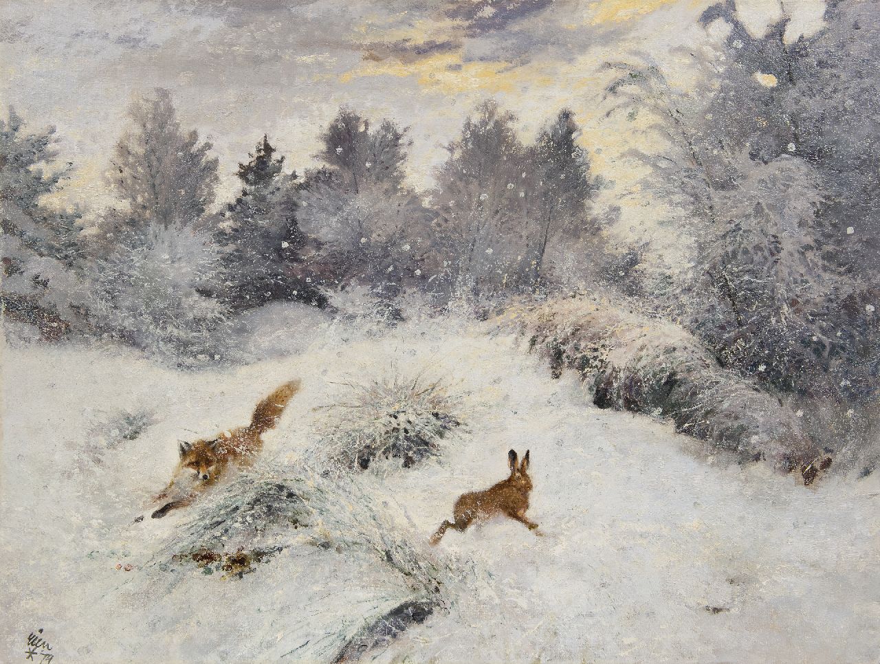 Poortvliet R.  | Rien Poortvliet, Jagdfuchs in einer Schneelandschaft, Öl auf Leinwand 60,4 x 79,9 cm, Unterzeichnet u.l. und ohne Rahmen