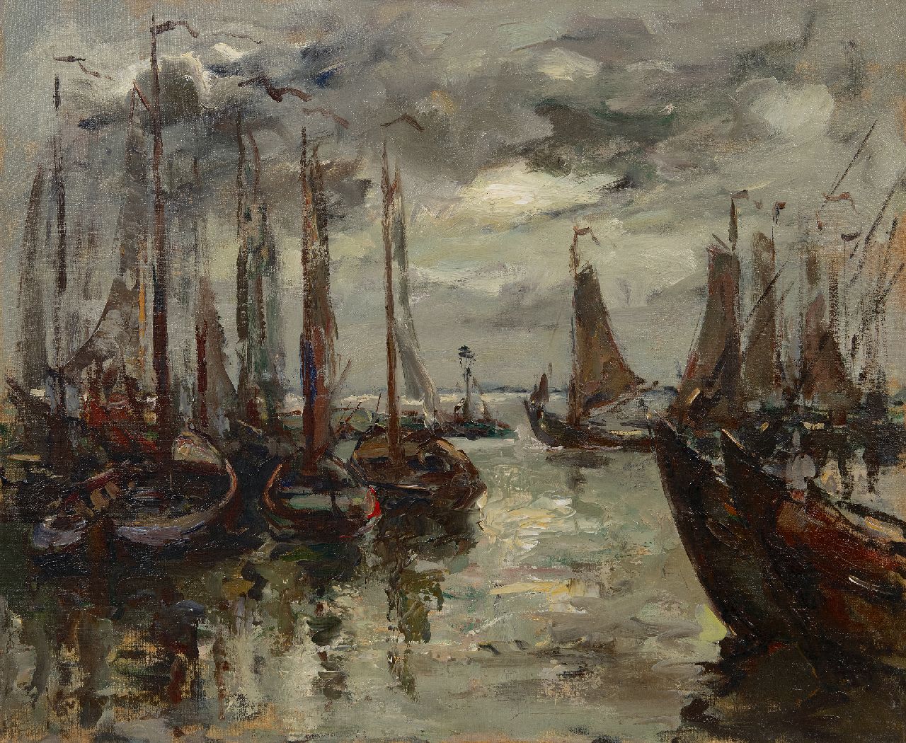 Korthals J.  | Johannes 'Jan' Korthals | Schilderijen te koop aangeboden | Afgemeerdebotters in een Zuiderzeehaven, olieverf op doek 50,5 x 60,2 cm, gesigneerd linksonder