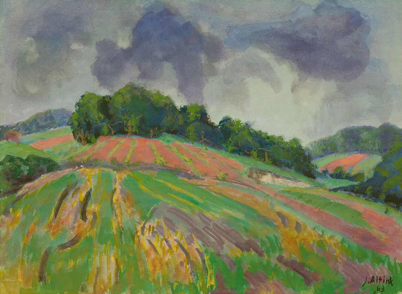 Altink J. | Jan Altink | Aquarellen en tekeningen te koop aangeboden | Glooiend akkerlandschap, aquarel en gouache op papier 56,0 x 75,8 cm, gesigneerd rechtsonder en gedateerd '63 Altink J. | Jan Altink | Aquarellen en tekeningen te koop aangeboden | Glooiend akkerlandschap, aquarel en gouache op papier 56,0 x 75,8 cm, gesigneerd rechtsonder en gedateerd '63