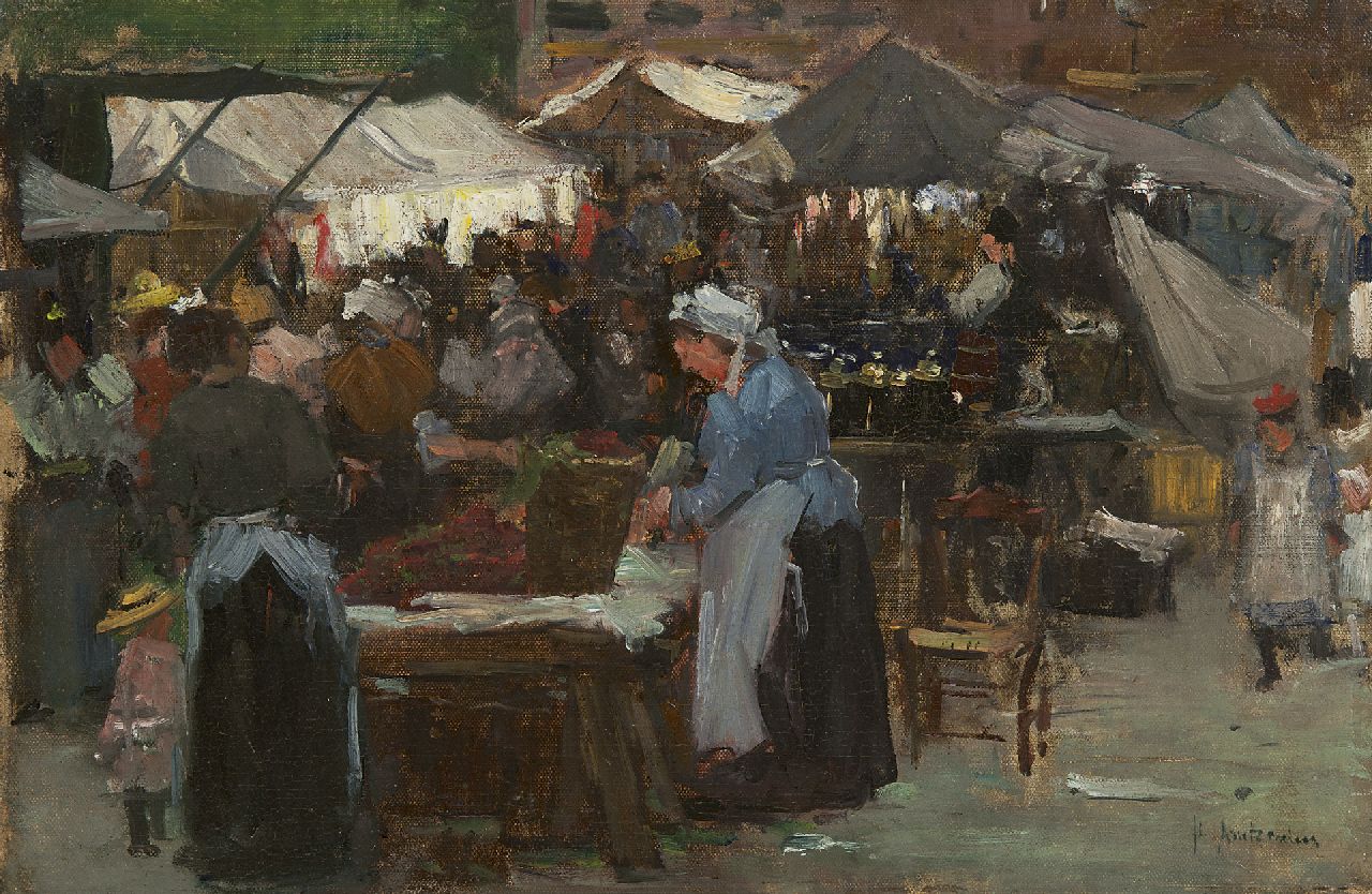 Arntzenius P.F.N.J.  | Pieter Florentius Nicolaas Jacobus 'Floris' Arntzenius | Schilderijen te koop aangeboden | Markt, Den Haag, olieverf op doek op paneel 31,3 x 47,2 cm, gesigneerd rechtsonder