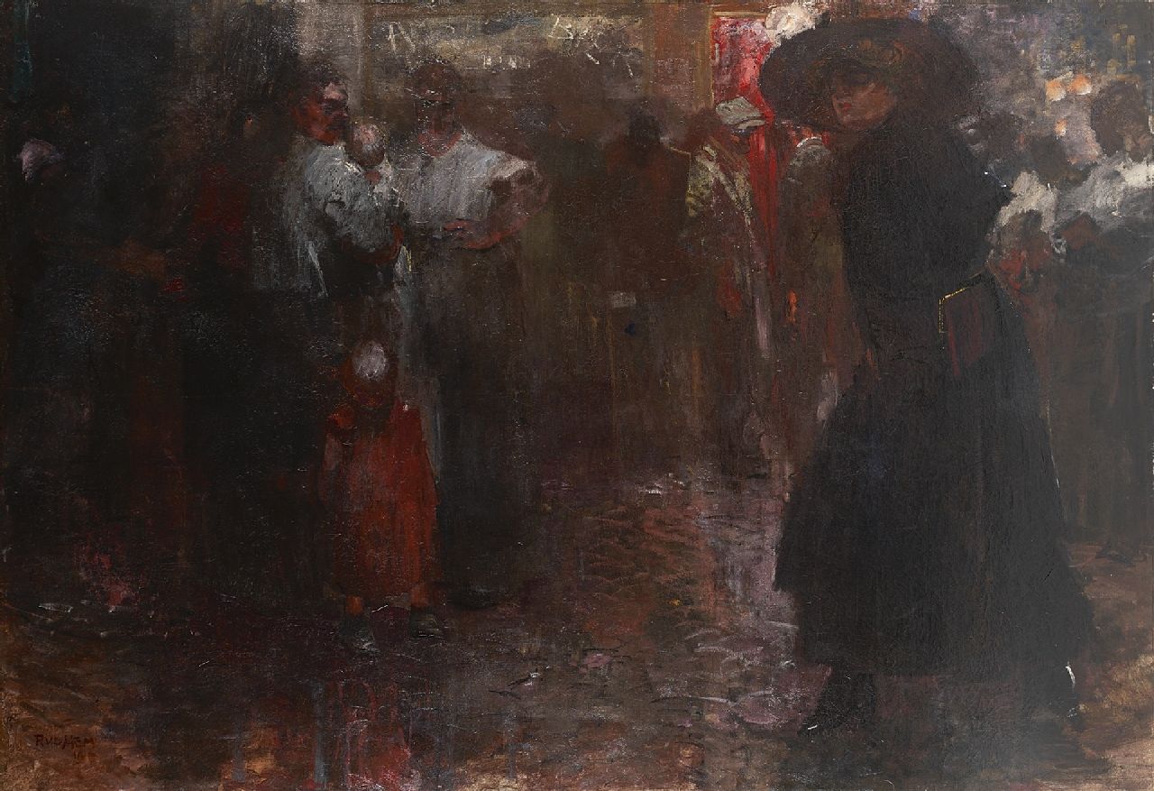 Hem P. van der | Pieter 'Piet' van der Hem | Gemälde zum Verkauf angeboten | Die 'Nes' in Amsterdam am Abend, Öl auf Leinwand 130,3 x 190,8 cm, Unterzeichnet u.l. und datiert 1910