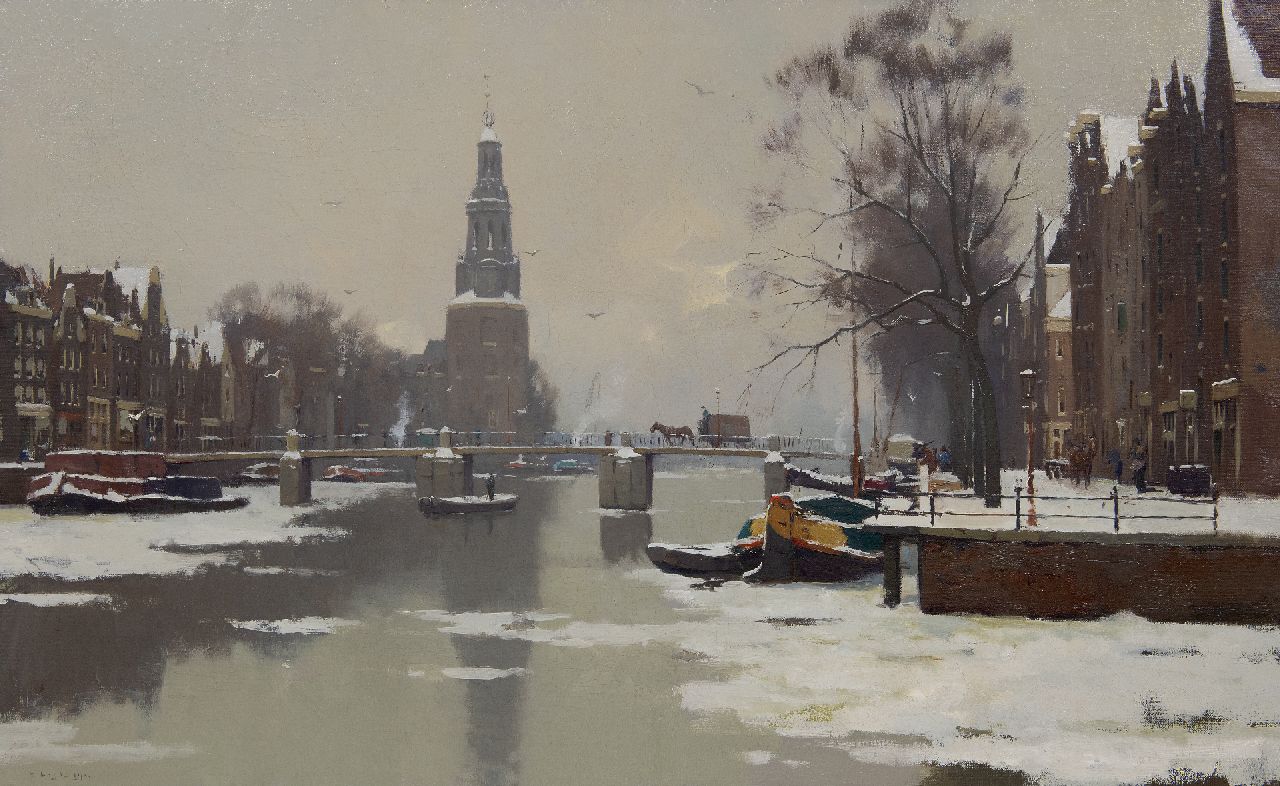 Ligtelijn E.J.  | Evert Jan Ligtelijn, Winters gezicht op de Montelbaanstoren in Amsterdam, olieverf op doek 56,8 x 90,6 cm, gesigneerd linksonder