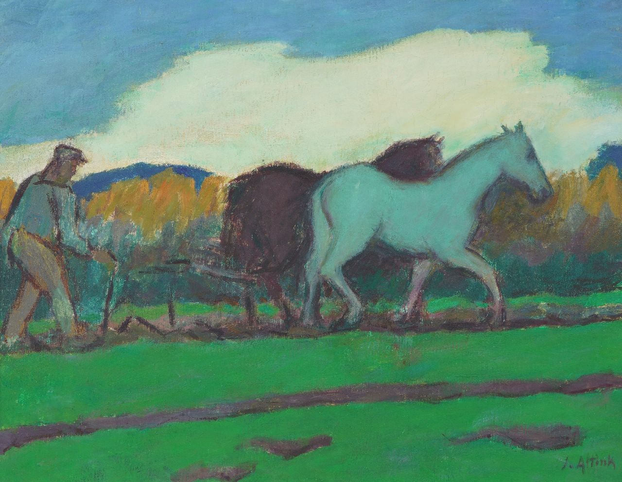 Altink J.  | Jan Altink | Schilderijen te koop aangeboden | Ploegende boer met paarden, wasverf op doek 55,0 x 70,1 cm, gesigneerd rechtsonder en te dateren ca. 1924-1928