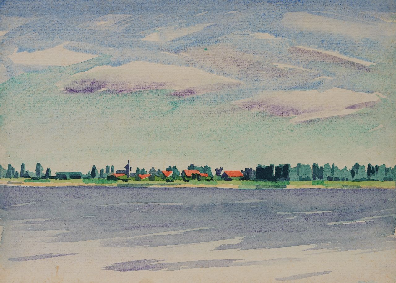 Hunziker F.  | Frieda Hunziker, Gezicht op een dorpje aan het water, aquarel op papier 26,9 x 37,3 cm