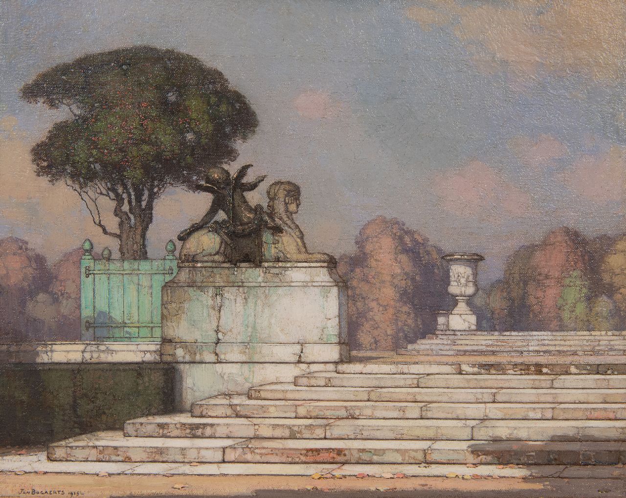 Bogaerts J.J.M.  | Johannes Jacobus Maria 'Jan' Bogaerts | Schilderijen te koop aangeboden | Beelden in het park van Versailles, olieverf op doek 32,5 x 39,7 cm, gesigneerd linksonder en gedateerd 1915, zonder lijst