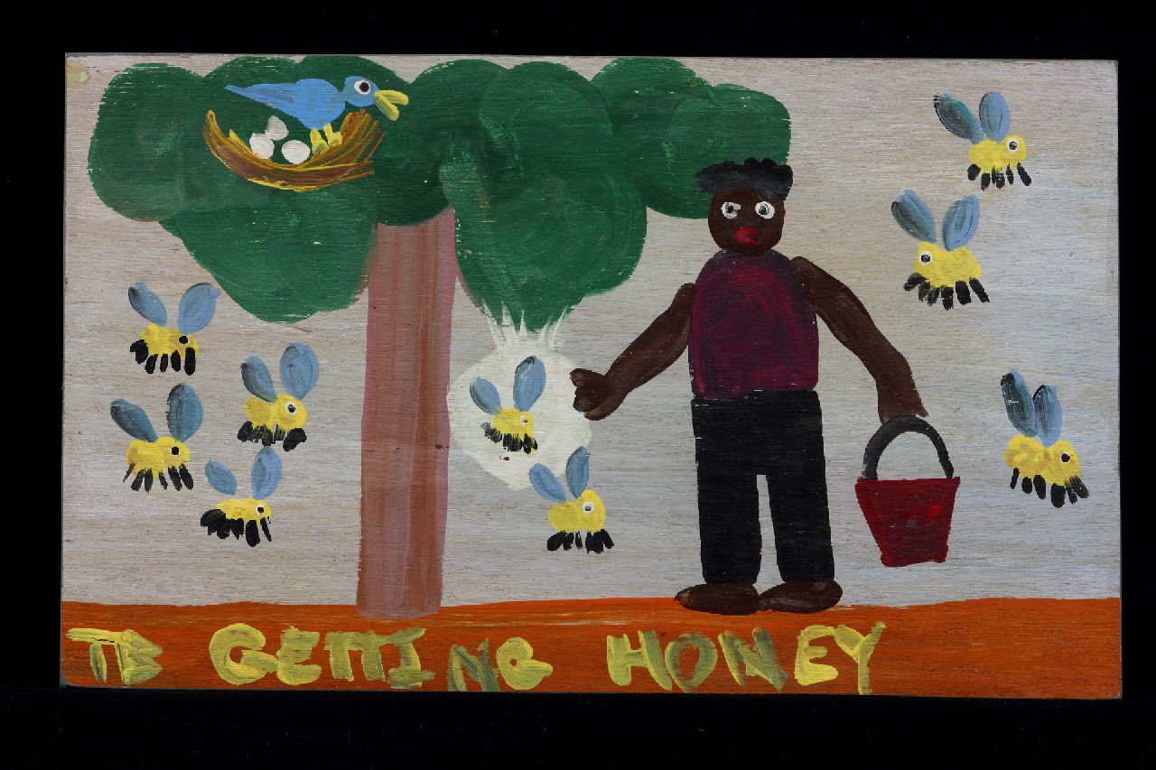 Brown T. | Timothy 'Tim' Brown, Getting honey, acryl op paneel 24,0 x 40,0 cm, gesigneerd linksonder met initialen Brown T. | Timothy 'Tim' Brown, Getting honey, acryl op paneel 24,0 x 40,0 cm, gesigneerd linksonder met initialen