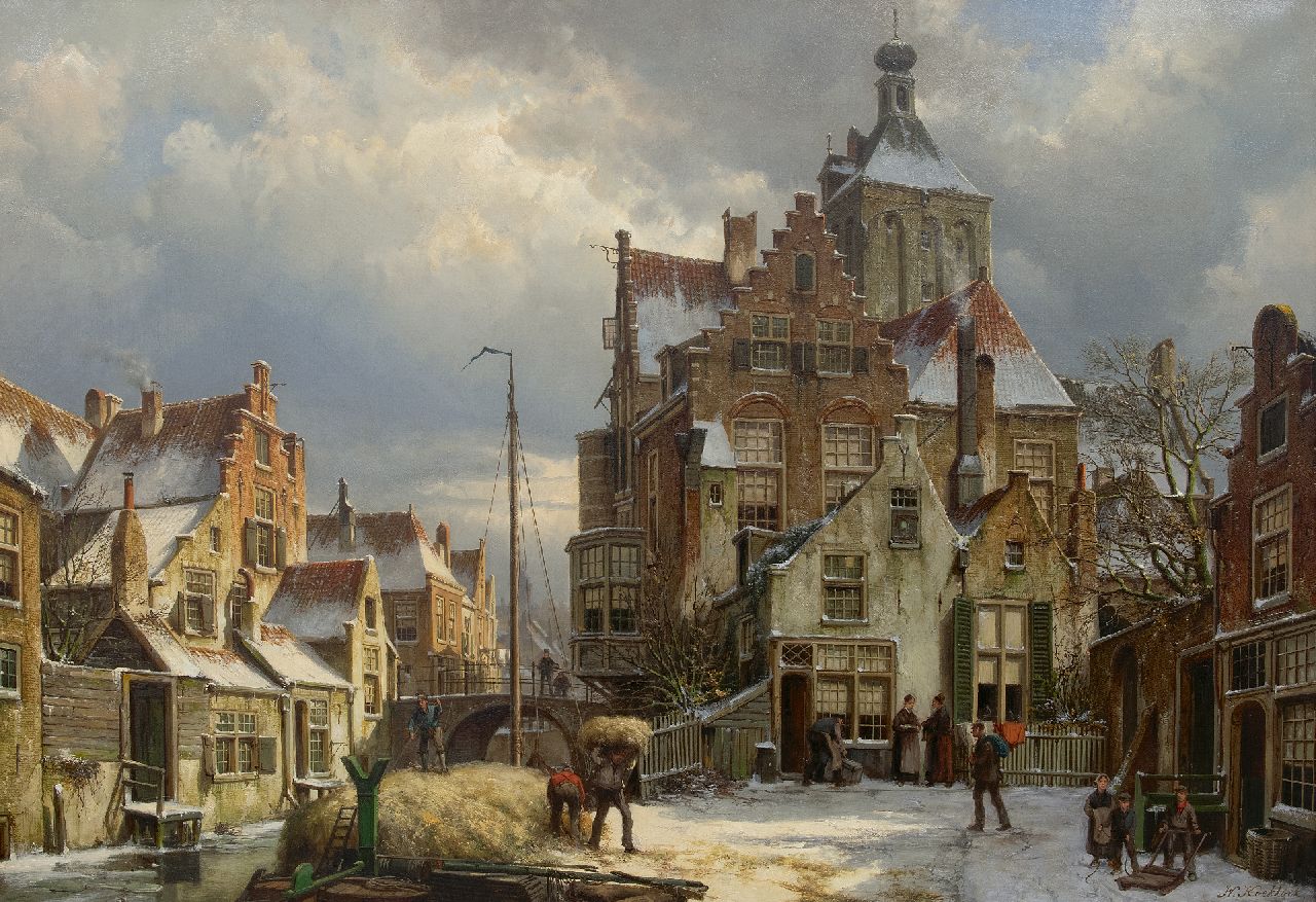 Koekkoek W.  | Willem Koekkoek, Winters stadsgezicht Culemborg, olieverf op doek 86,5 x 125,3 cm, gesigneerd rechtsonder en te dateren ca.1885