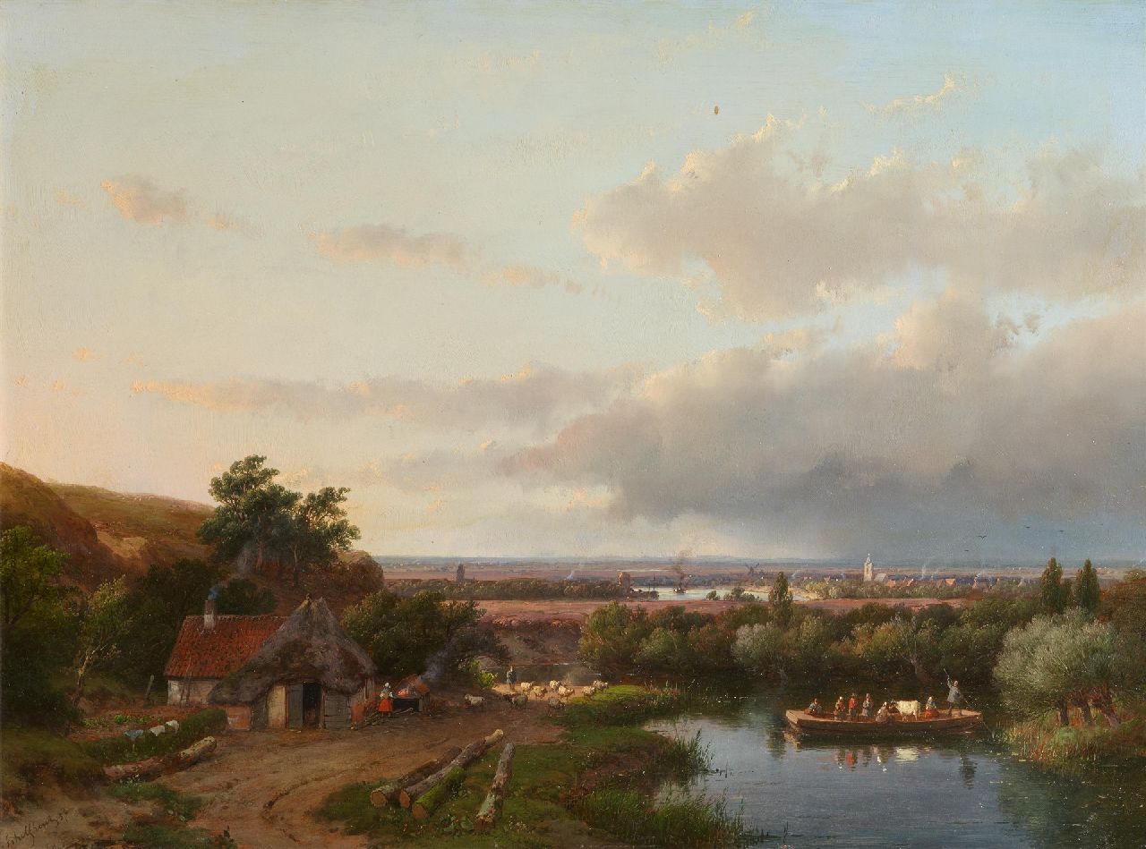 Schelfhout A.  | Andreas Schelfhout | Schilderijen te koop aangeboden | Zomerlandschap met overzetveer, olieverf op paneel 37,0 x 51,0 cm, gesigneerd linksonder en gedateerd '54