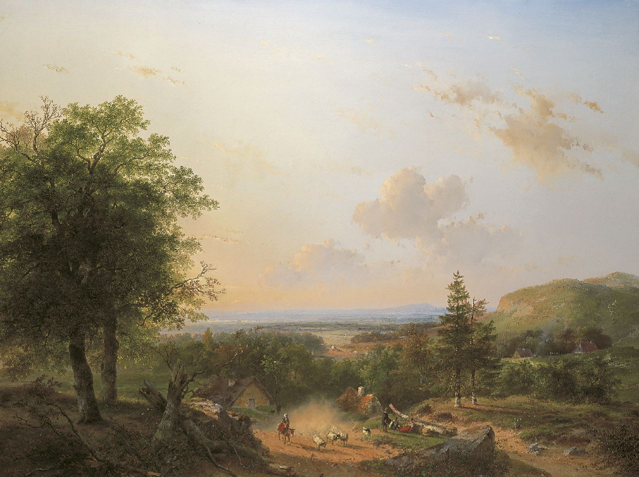 Schelfhout A.  | Andreas Schelfhout, Schapenhoedster met kudde in een glooiend zomerlandschap, olieverf op doek 110,4 x 146,0 cm, gesigneerd linksonder en gedateerd 1849