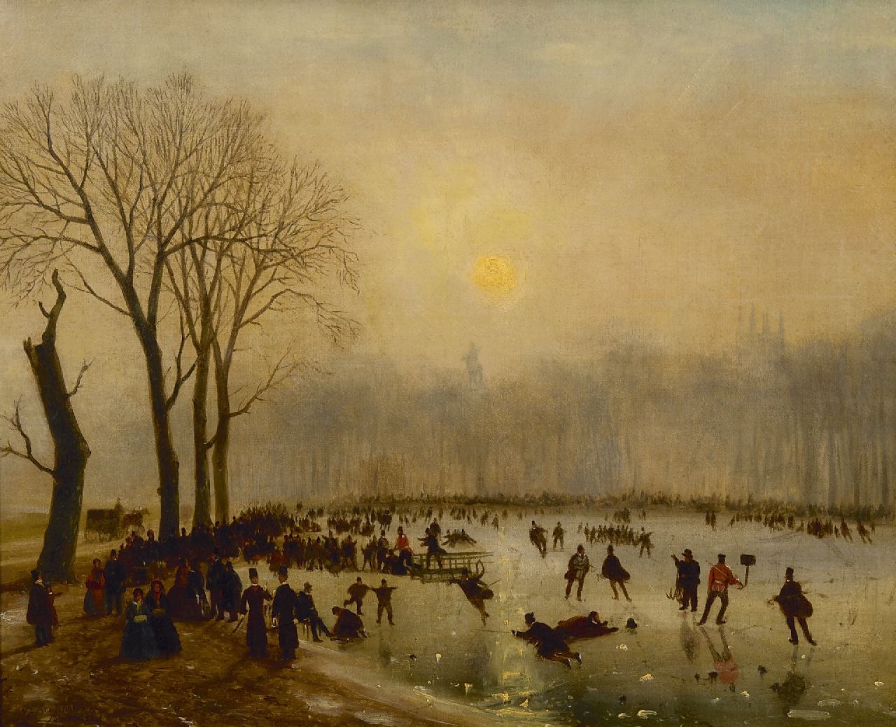 Roosenboom N.J.  | Nicolaas Johannes Roosenboom | Schilderijen te koop aangeboden | Schaatspret op The Serpentine, Hyde Park, olieverf op doek 43,3 x 53,7 cm, gesigneerd linksonder en gedateerd 'London' '55