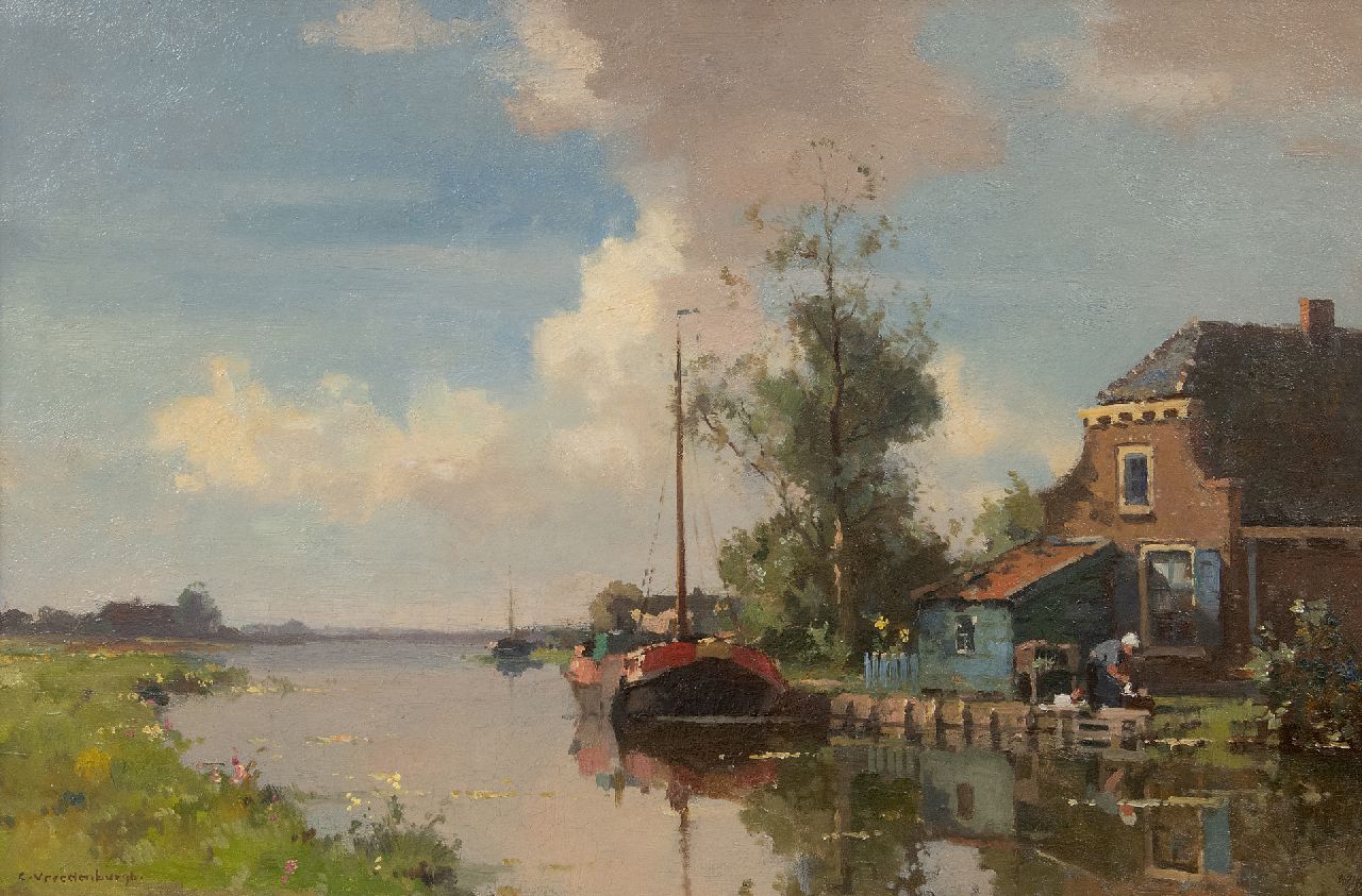 Vreedenburgh C.  | Cornelis Vreedenburgh | Schilderijen te koop aangeboden | Boerderij aan het water met afgemeerde tjalk, olieverf op doek 40,5 x 60,5 cm, gesigneerd linksonder