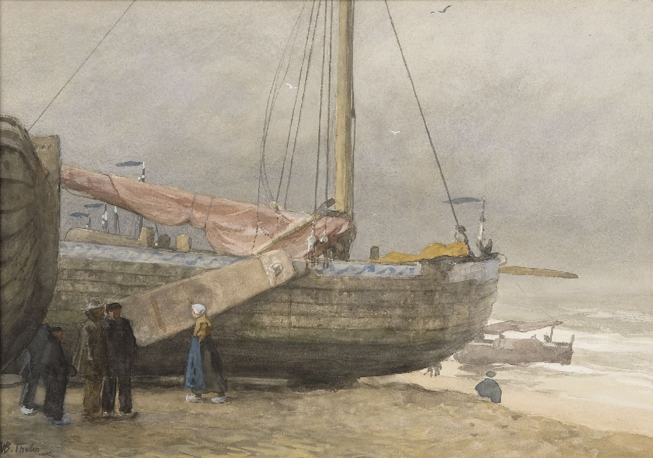 Tholen W.B.  | Willem Bastiaan Tholen | Aquarellen en tekeningen te koop aangeboden | Vissers en bomschuiten op het strand van Scheveningen, aquarel op papier 37,4 x 53,4 cm, gesigneerd linksonder