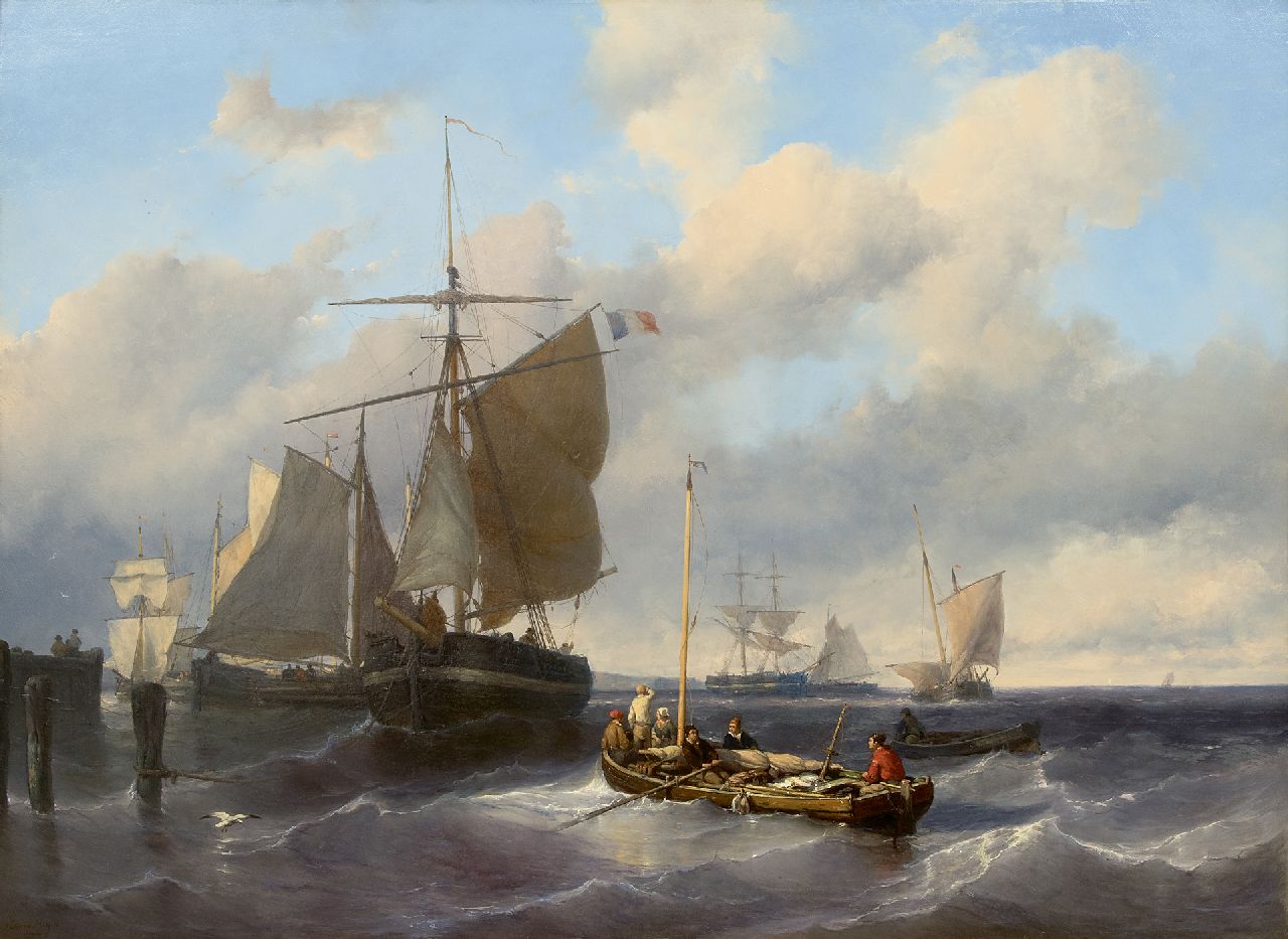 Meijer J.H.L.  | Johan Hendrik 'Louis' Meijer | Schilderijen te koop aangeboden | Het hijsen van de zeilen bij een havenhoofd, olieverf op paneel 79,8 x 110,5 cm, gesigneerd linksonder