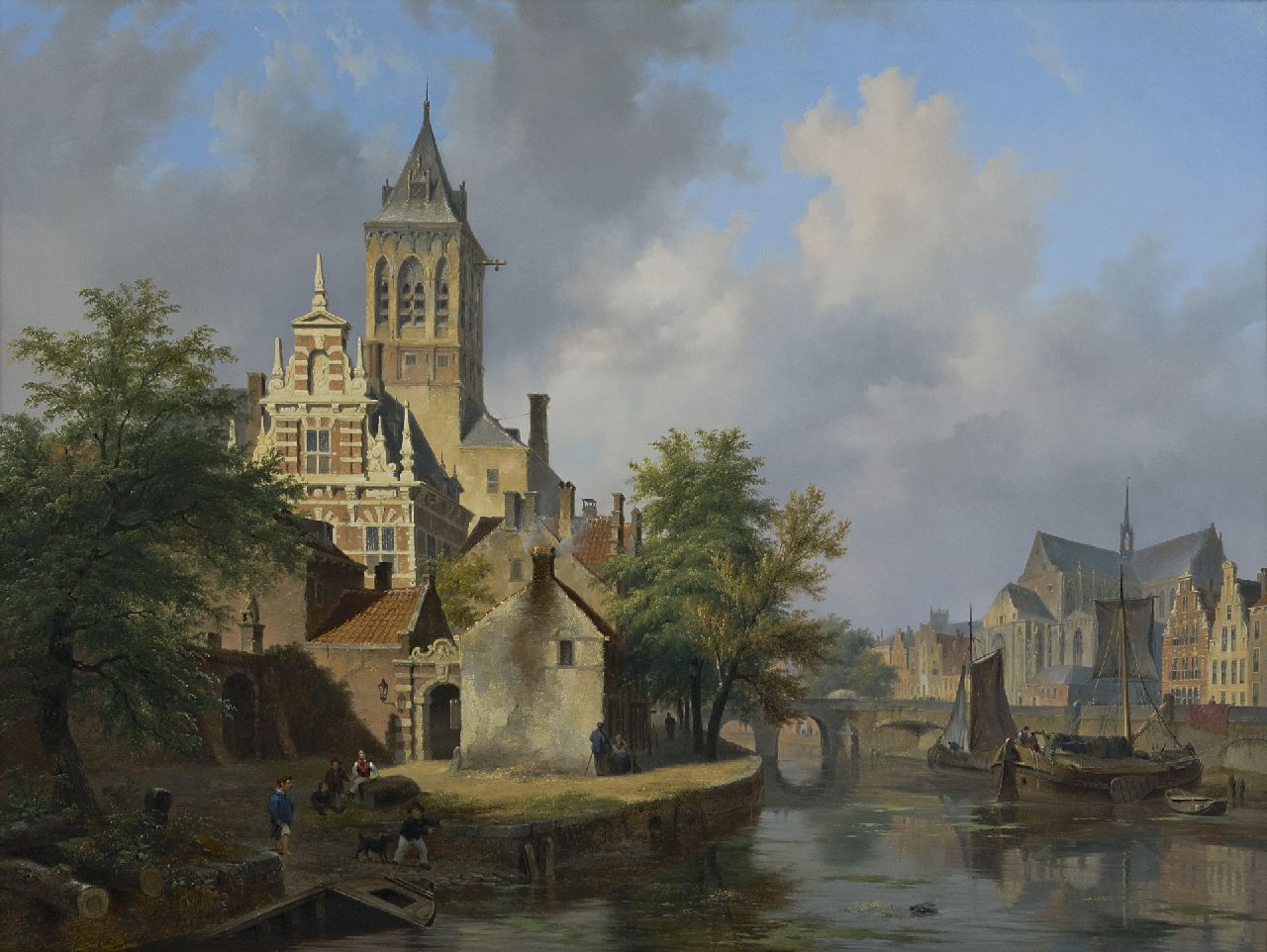 Hove B.J. van | Bartholomeus Johannes 'Bart' van Hove | Schilderijen te koop aangeboden | Zonnig stadsgezicht, olieverf op paneel 61,7 x 82,5 cm, gesigneerd linksonder en gedateerd 1840