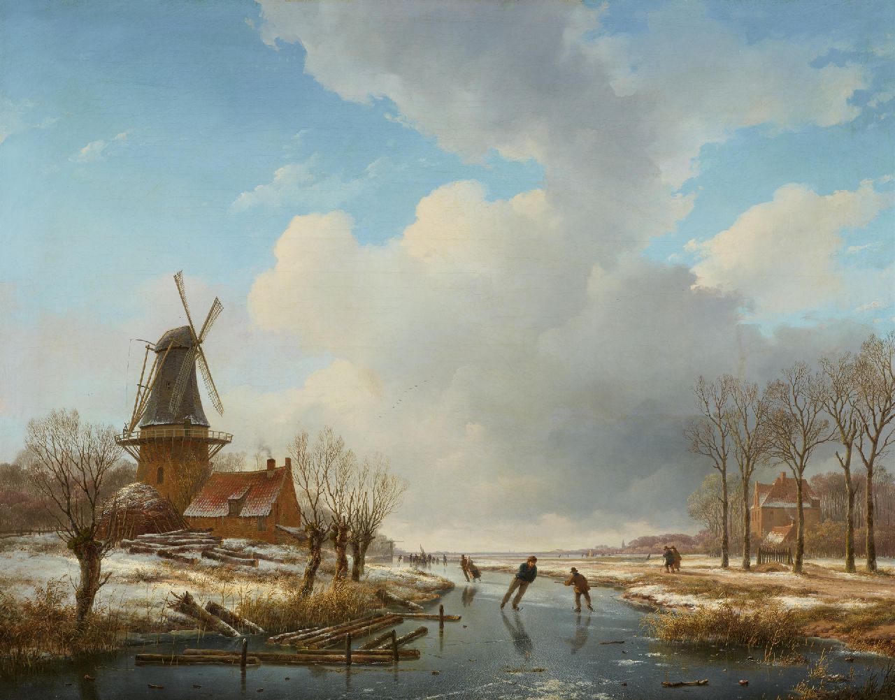 Schelfhout A.  | Andreas Schelfhout | Schilderijen te koop aangeboden | Winterlandschap met schaatsers bij een molen, olieverf op doek 83,0 x 108,0 cm, gesigneerd middenonder en circca 1828