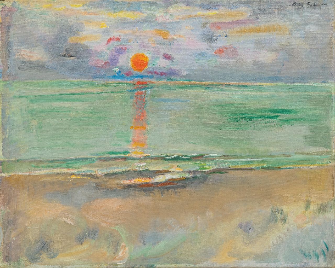 Sluijters J.C.B.  | Johannes Carolus Bernardus 'Jan' Sluijters | Schilderijen te koop aangeboden | Zonsondergang op het strand, olieverf op doek 46,0 x 57,0 cm, gesigneerd rechtsboven en te dateren ca. 1938