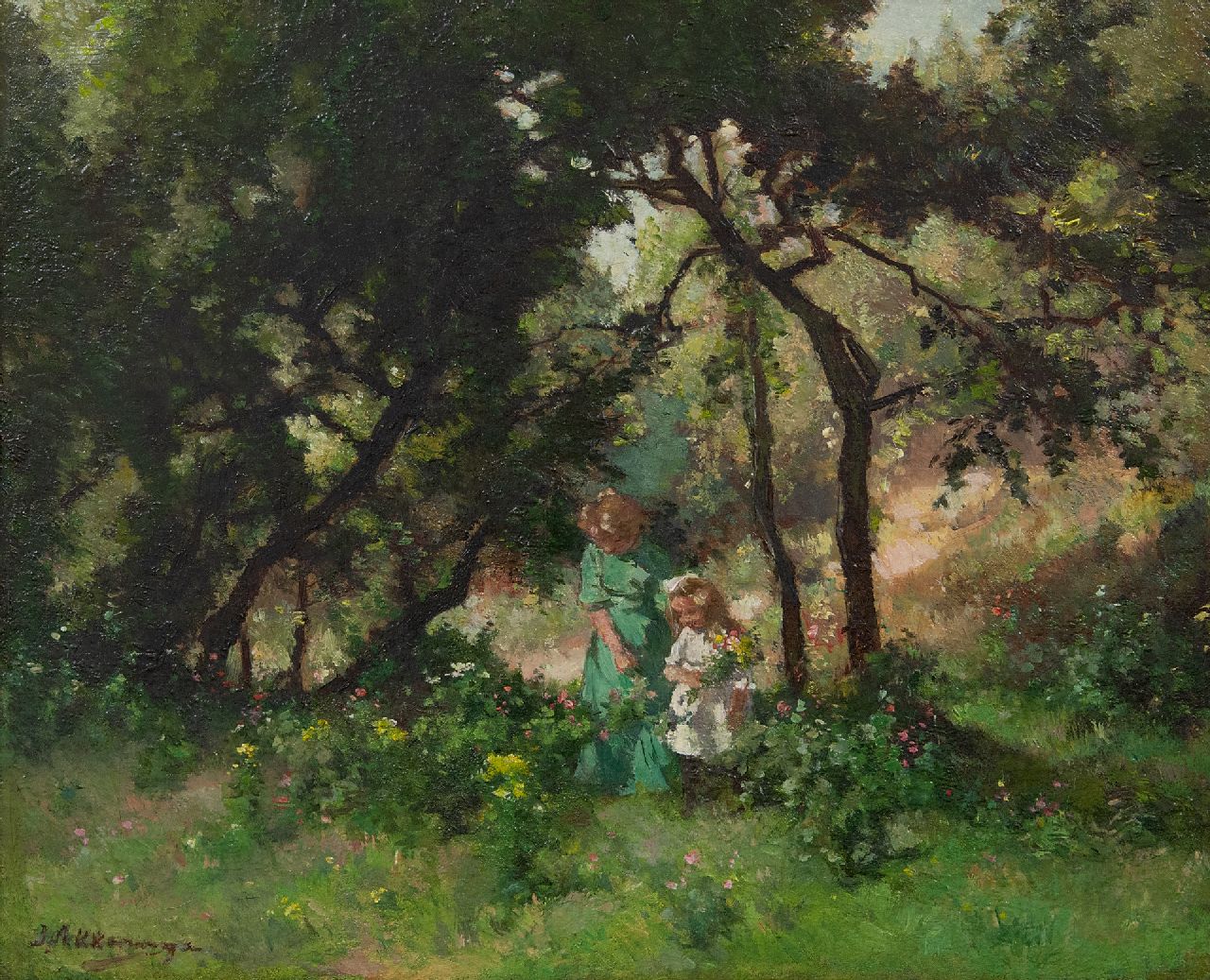 Akkeringa J.E.H. | 'Johannes Evert' Hendrik Akkeringa, Bloemen plukken in de duinen, olieverf op doek 29,3 x 35,6 cm, gesigneerd rechtsonder Akkeringa J.E.H. | 'Johannes Evert' Hendrik Akkeringa, Bloemen plukken in de duinen, olieverf op doek 29,3 x 35,6 cm, gesigneerd rechtsonder