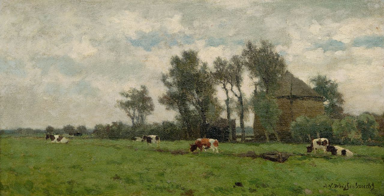 Weissenbruch H.J.  | Hendrik Johannes 'J.H.' Weissenbruch | Schilderijen te koop aangeboden | Grazende koeien bij een hooiberg, olieverf op doek 24,8 x 45,4 cm, gesigneerd rechtsonder