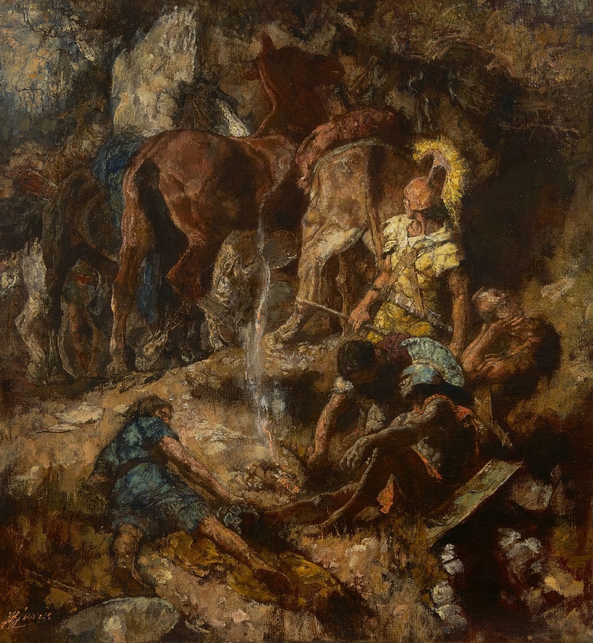 Jurres J.H. | Johannes Hendricus Jurres | Schilderijen te koop aangeboden | Romeinse soldaten en hun paarden bij een drinkplaats, olieverf op doek 54,0 x 50,0 cm, gesigneerd linksonder Jurres J.H. | Johannes Hendricus Jurres | Schilderijen te koop aangeboden | Romeinse soldaten en hun paarden bij een drinkplaats, olieverf op doek 54,0 x 50,0 cm, gesigneerd linksonder