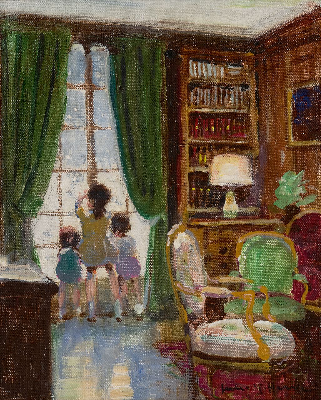 Hervé J.R.  | Jules René Hervé | Schilderijen te koop aangeboden | Enfants fenêtré, olieverf op doek 27,4 x 22,4 cm, gesigneerd rechtsonder en verso en verkocht