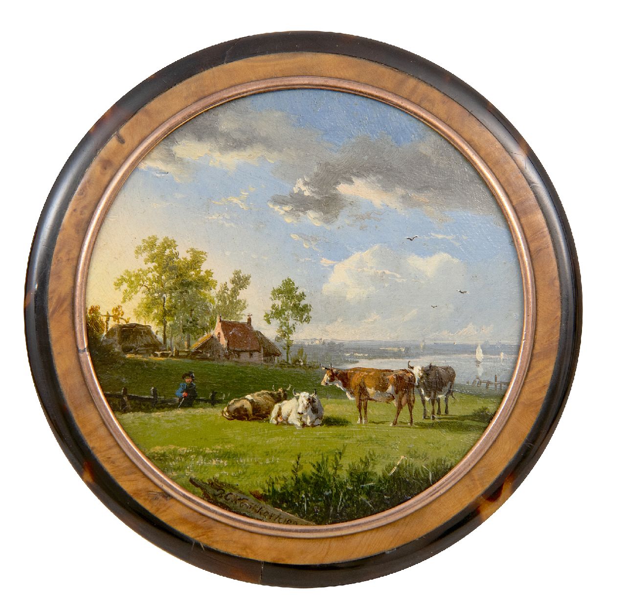 Koekkoek B.C.  | Barend Cornelis Koekkoek | Beelden en objecten te koop aangeboden | Dekseldoosje beschilderd met rivierlandschap, koper, hout, gesigneerd middenonder en gedateerd 1838