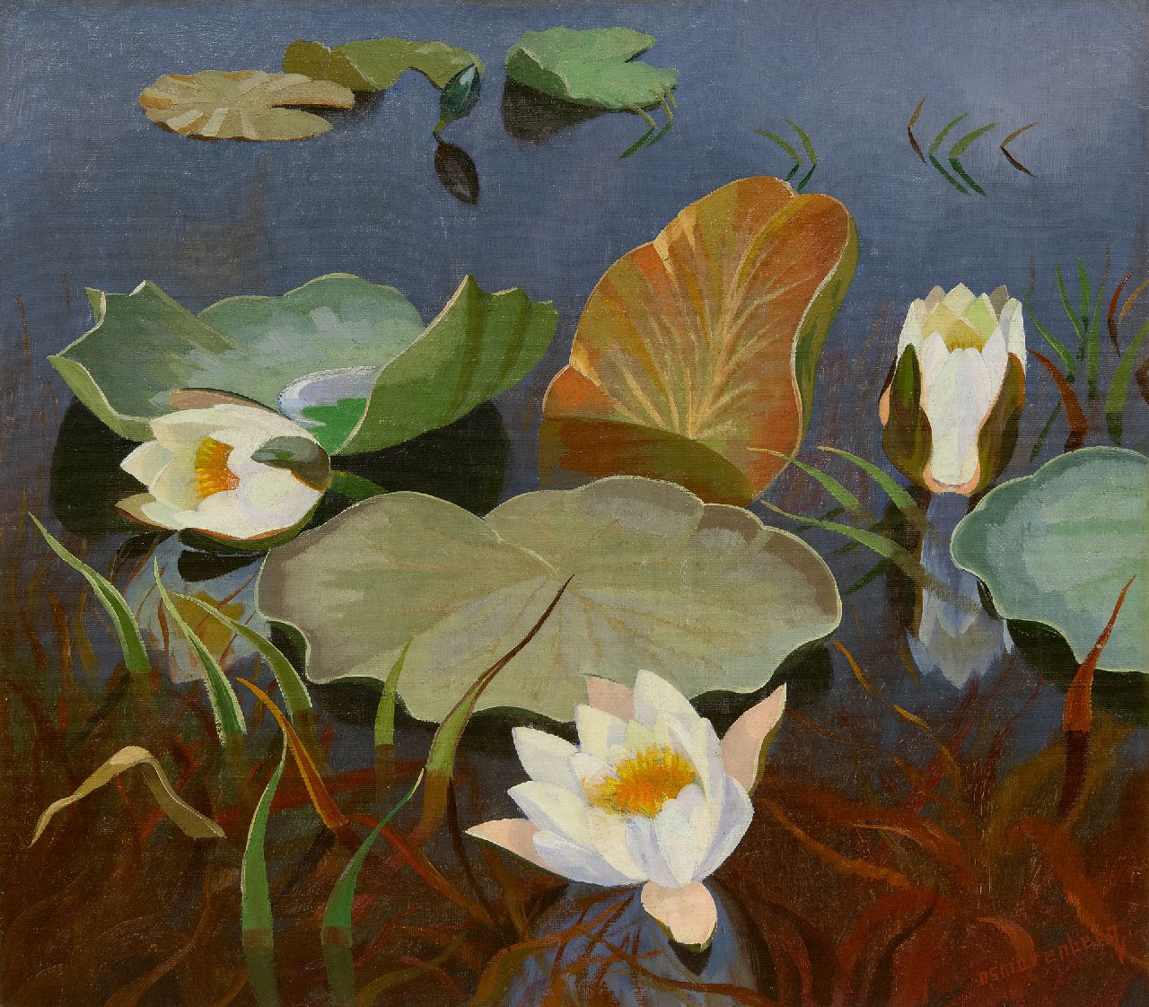 Smorenberg D.  | Dirk Smorenberg | Schilderijen te koop aangeboden | Waterlelies, olieverf op doek 39,3 x 44,4 cm, gesigneerd rechtsonder