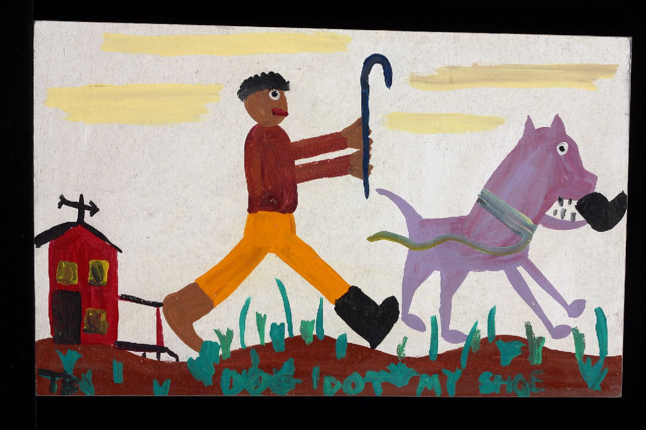 Brown T.  | Timothy 'Tim' Brown | Schilderijen te koop aangeboden | Dog got my shoe, acryl op paneel 32,0 x 52,0 cm, gesigneerd linksonder met initialen en ca 1995