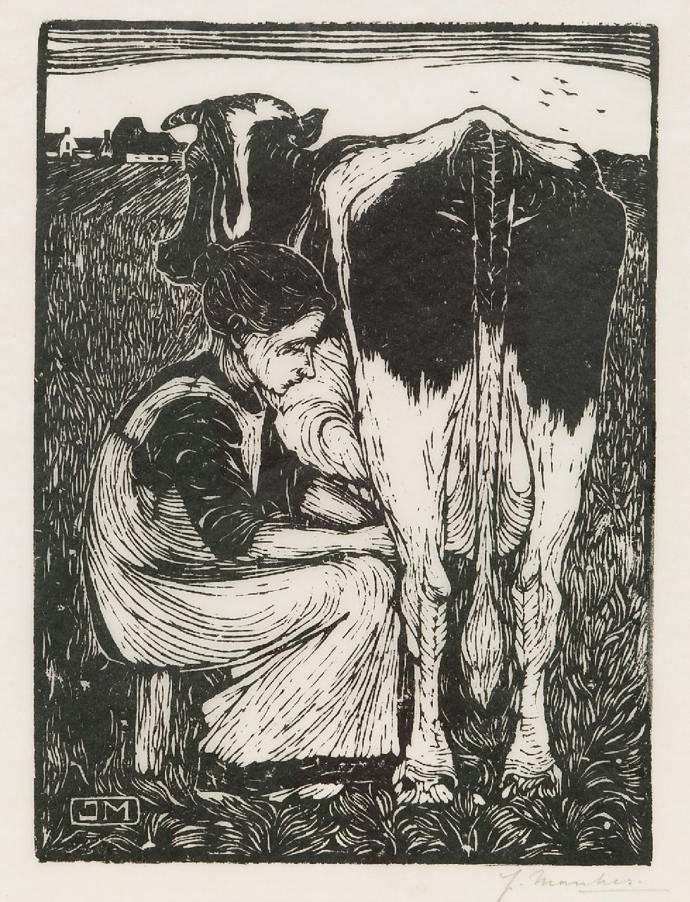Mankes J. | Jan Mankes | Grafiek te koop aangeboden | Koemelkster, houtsnede op papier 20,5 x 16,2 cm, gesigneerd rechtsonder voluit (in potlood) en met mon. in het blok Mankes J. | Jan Mankes | Grafiek te koop aangeboden | Koemelkster, houtsnede op papier 20,5 x 16,2 cm, gesigneerd rechtsonder voluit (in potlood) en met mon. in het blok