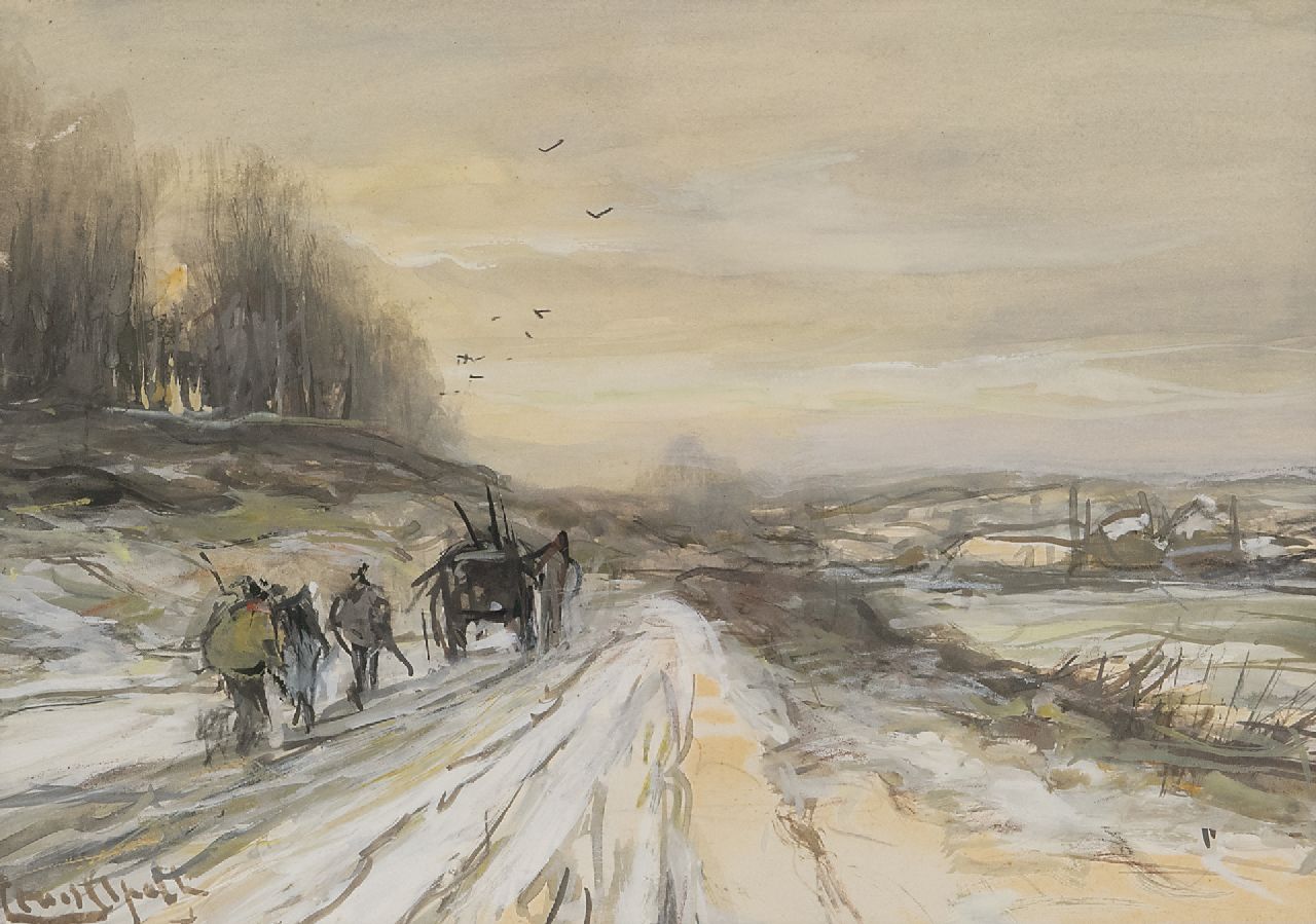 Apol L.F.H.  | Lodewijk Franciscus Hendrik 'Louis' Apol, Paard en wagen in een winterlandschap, gouache op papier 16,0 x 21,9 cm, gesigneerd linksonder