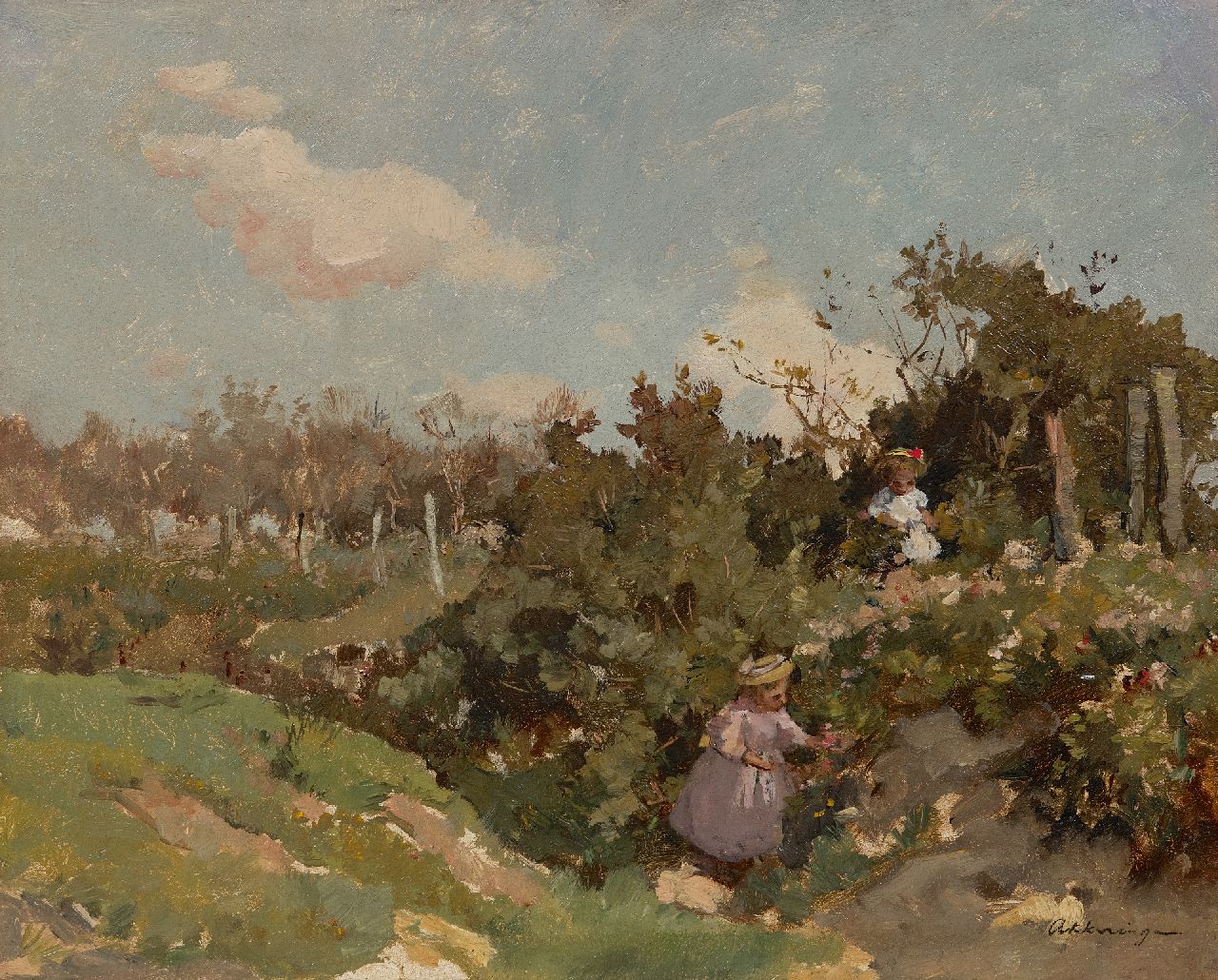 Akkeringa J.E.H. | 'Johannes Evert' Hendrik Akkeringa | Schilderijen te koop aangeboden | Bloemen plukkken in de duinen, olieverf op paneel 32,3 x 40,0 cm, gesigneerd rechtsonder Akkeringa J.E.H. | 'Johannes Evert' Hendrik Akkeringa | Schilderijen te koop aangeboden | Bloemen plukkken in de duinen, olieverf op paneel 32,3 x 40,0 cm, gesigneerd rechtsonder