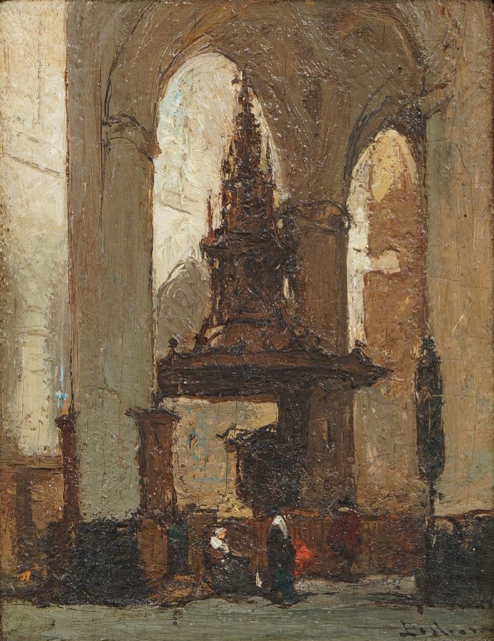 Bosboom J.  | Johannes Bosboom | Schilderijen te koop aangeboden | Interieur van de Nieuwe Kerk in Amsterdam, olieverf op paneel 13,8 x 11,0 cm, gesigneerd rechtsonder