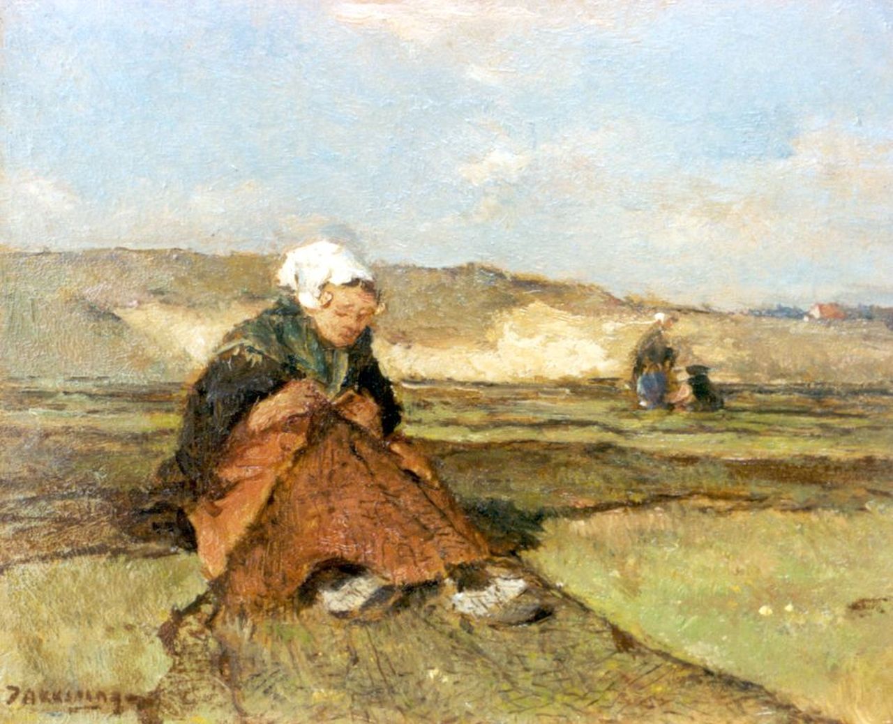 Akkeringa J.E.H.  | 'Johannes Evert' Hendrik Akkeringa | Schilderijen te koop aangeboden | Nettenboetsters in de duinen, olieverf op paneel 14,5 x 17,1 cm, gesigneerd linksonder